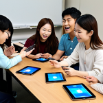** A diverse group of students enthusiastically participating in an interactive Korean language class, utilizing technology like tablets and online platforms for learning. The scene should emphasize modern teaching methods and the engaging nature of the learning environment.

**