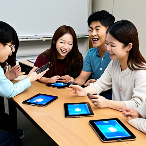 Home 4 ** A diverse group of students enthusiastically participating in an interactive Korean language class, utilizing technology like tablets and online platforms for learning. The scene should emphasize modern teaching methods and the engaging nature of the learning environment.
**