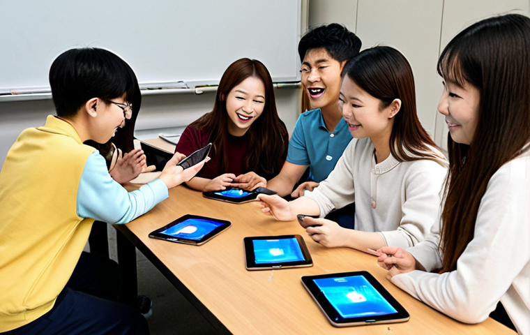 ** A diverse group of students enthusiastically participating in an interactive Korean language class, utilizing technology like tablets and online platforms for learning. The scene should emphasize modern teaching methods and the engaging nature of the learning environment.
**